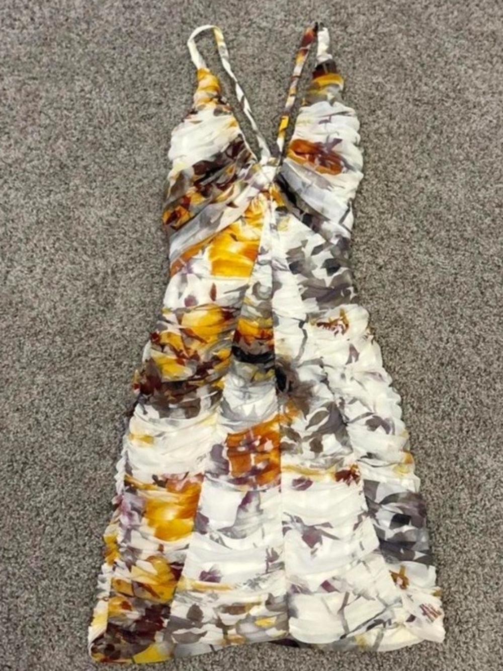 Bebe Sleeveless Floral Ruched V-Neck Dress